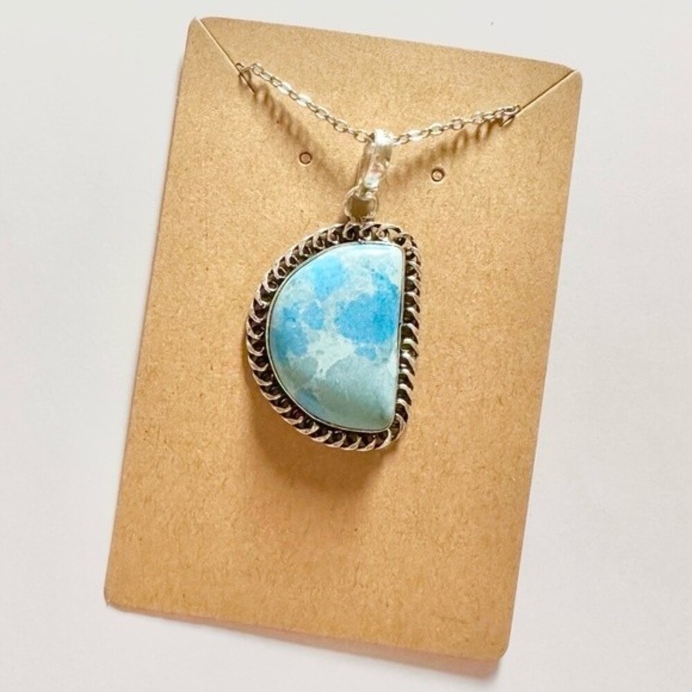 LARIMAR Synthetic Stone Silver Plated Half Moon Pendant Necklace